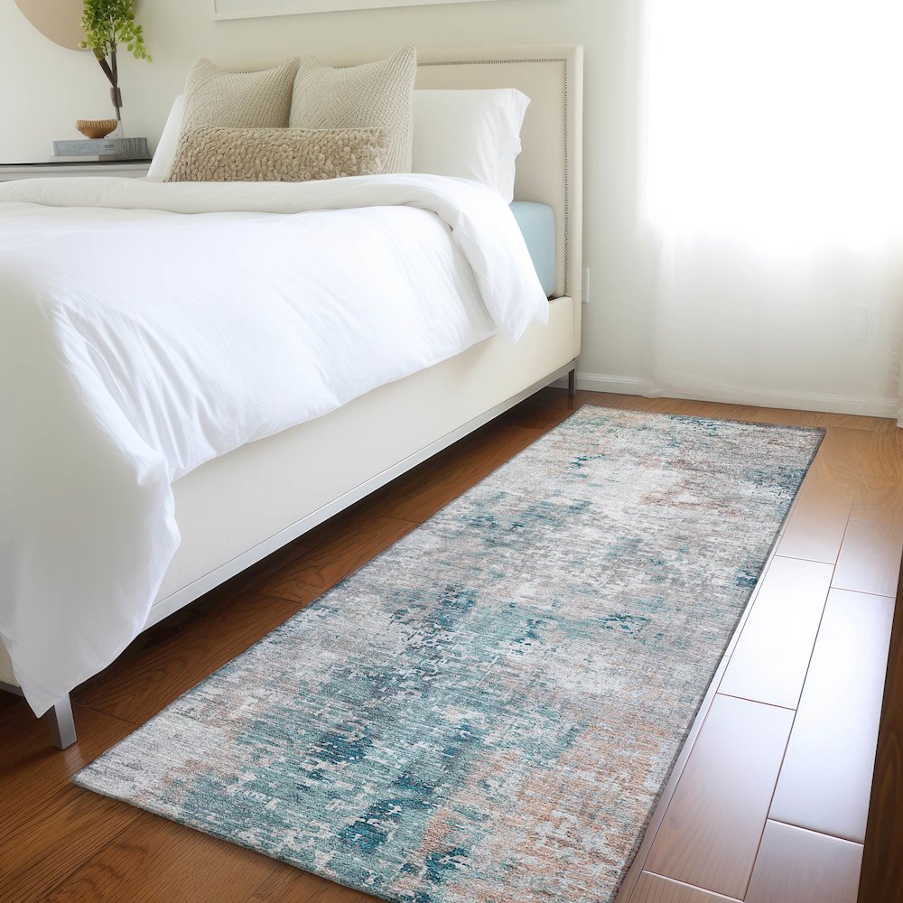 Luxury Washable Indoor/Outdoor Kochi Teal 2'3" x 7'6" Runner Rug