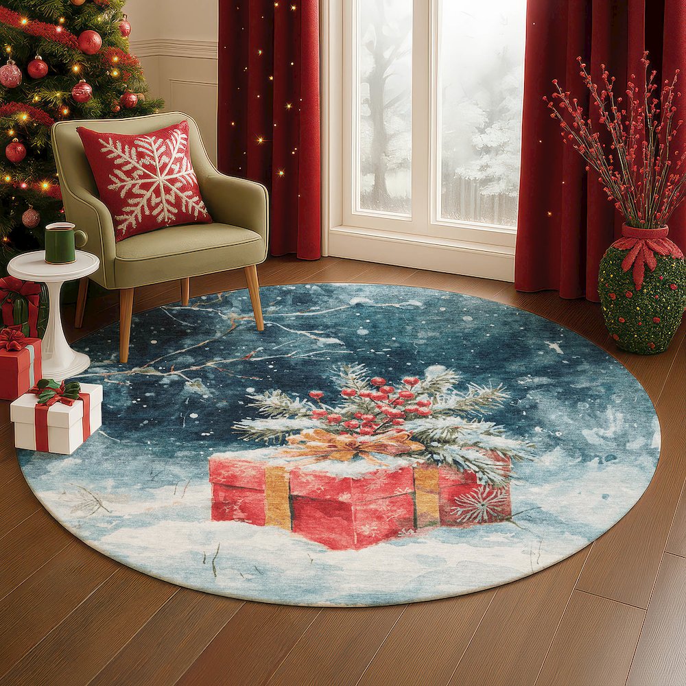 Luxury Washable Indoor/Outdoor Merry & Bright Blue 8' x 8' Round Rug
