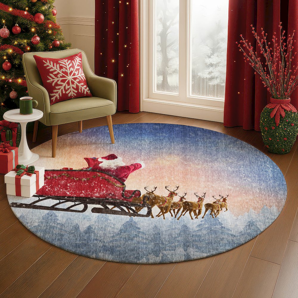 Luxury Washable Indoor/Outdoor Merry & Bright Twilight 8' x 8' Round Rug