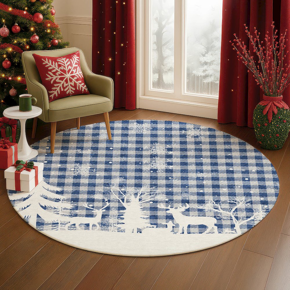 Luxury Washable Indoor/Outdoor Merry & Bright Blue 8' x 8' Round Rug