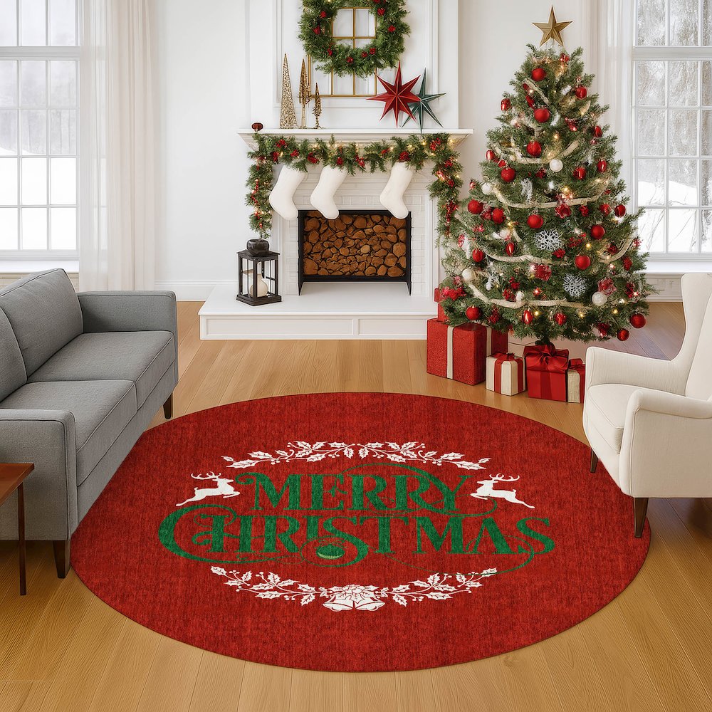 Luxury Washable Indoor/Outdoor Merry & Bright Red 8' x 8' Round Rug