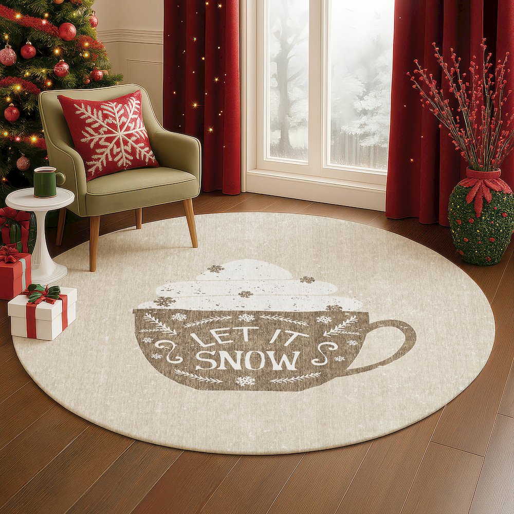 Luxury Washable Indoor/Outdoor Merry & Bright Beige 8' x 8' Round Rug