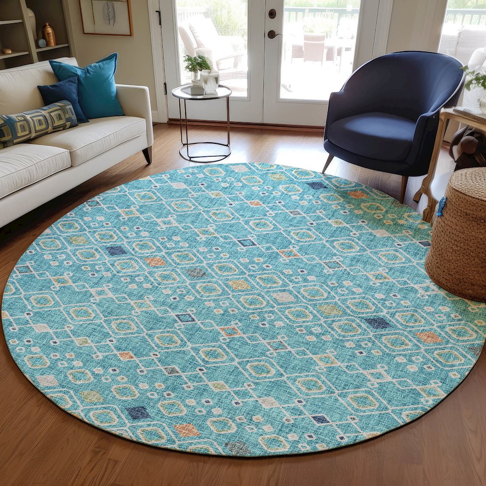 Luxury Washable Indoor/Outdoor Portico Teal 8' x 8' Round Rug