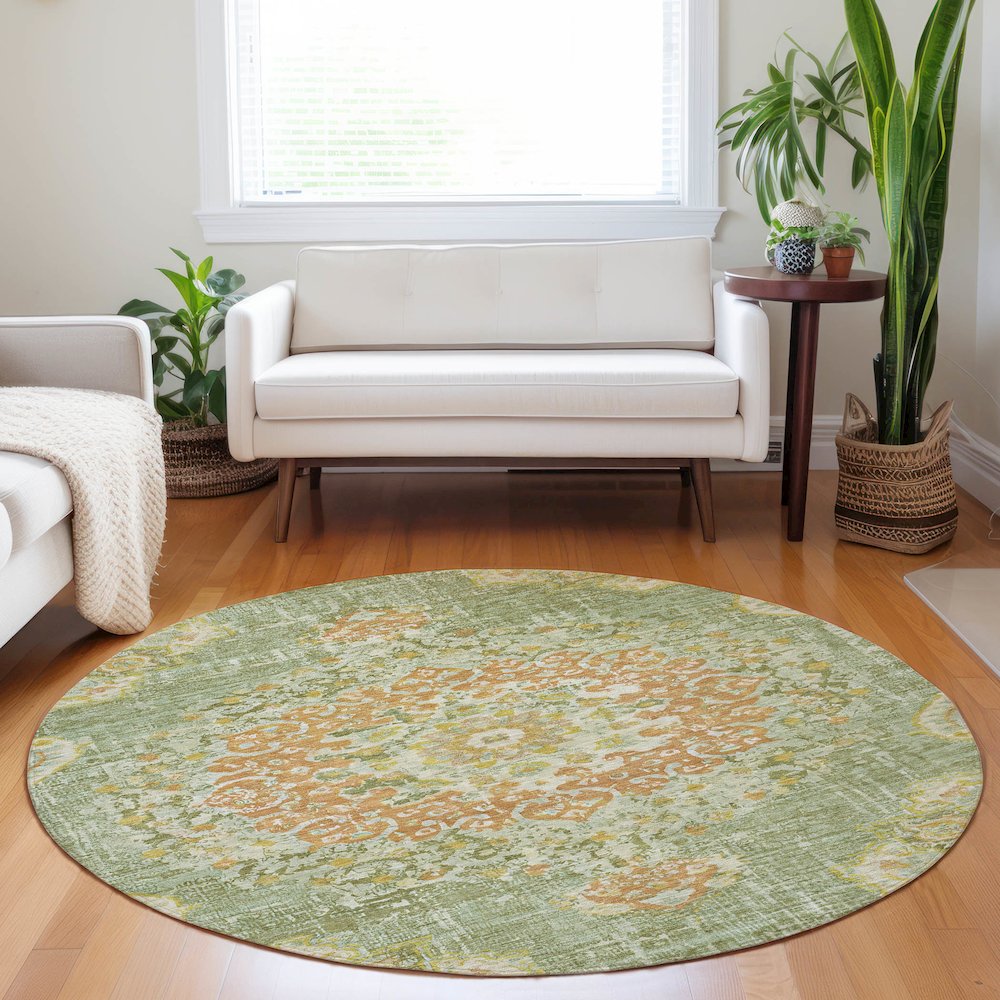 Luxury Washable Indoor/Outdoor Tabrook Aloe 8' x 8' Round Rug