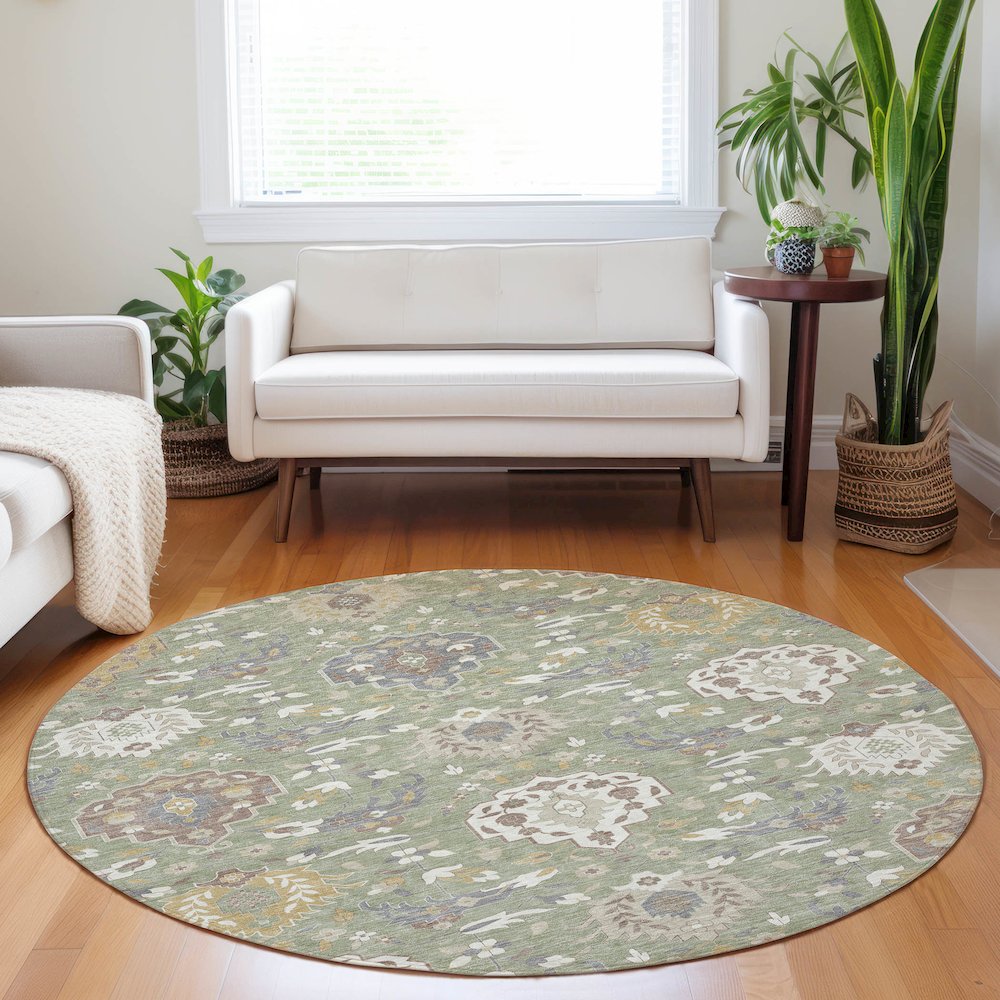 Luxury Washable Indoor/Outdoor Tabrook Aloe 8' x 8' Round Rug