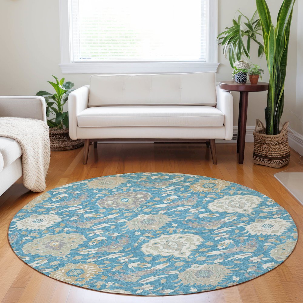 Luxury Washable Indoor/Outdoor Tabrook Blue 8' x 8' Round Rug