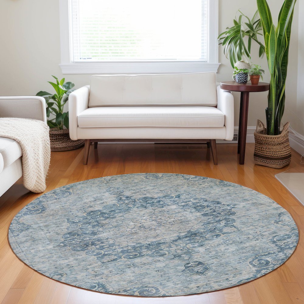 Luxury Washable Indoor/Outdoor Tabrook Blue 8' x 8' Round Rug