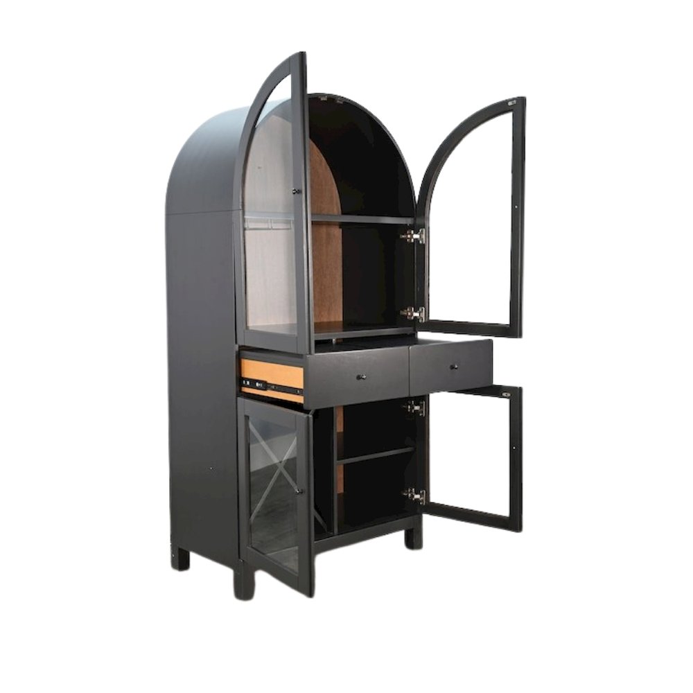Black Solid Wood Bar Cabinet, Arched Liquor Cabinet with Glass Doors