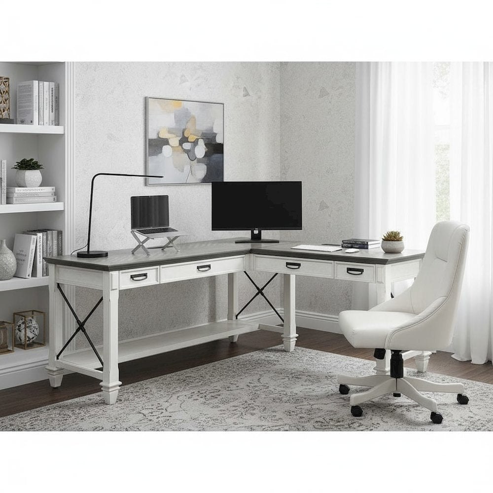 Wood Open L-Desk and Return, 4 Drawers, Power Center, White