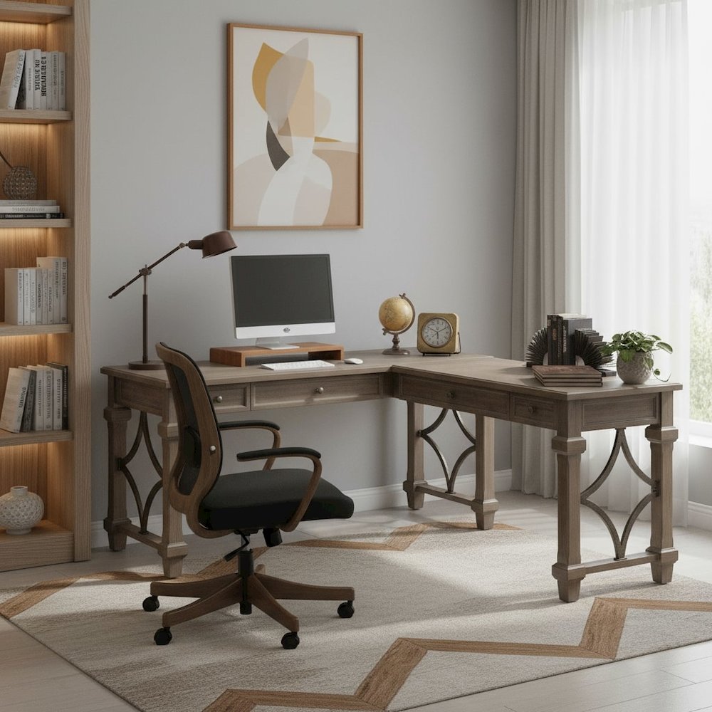 Wood Open L-Desk & Return, 2 Drawers, Center Pencil Drawer, Gray
