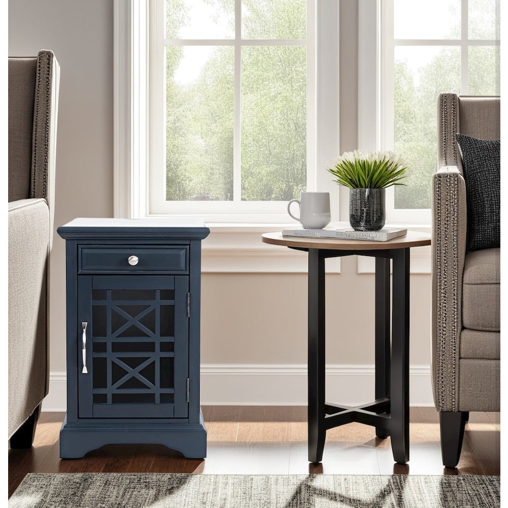 Blue Acacia End Table with USB Charging Station for Convenient Living Room Use