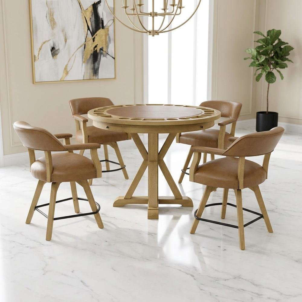 Faux Leather Counter Dining Set with Game Top, Poker Gaming Table and Chairs Set