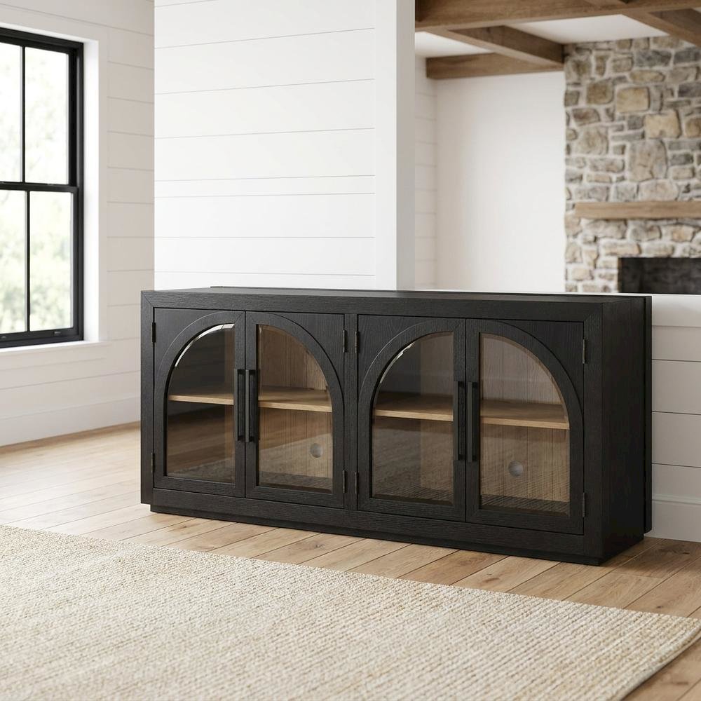 MDF and Rubberwood Buffet Cabinet with Cathedral Doors for Dining Room, Black