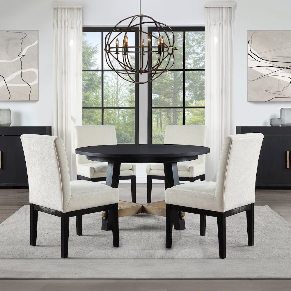 Aubrey 5-Piece 54" Round Dining Table with 4 Upholstered Parsons Chairs, Black