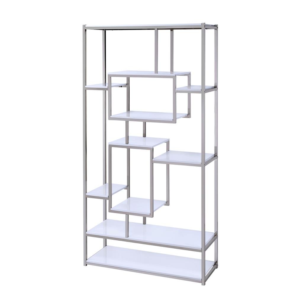 Contemporary Bookcase, Staggered Shelves, White/Chrome, Durable & Tall Storage