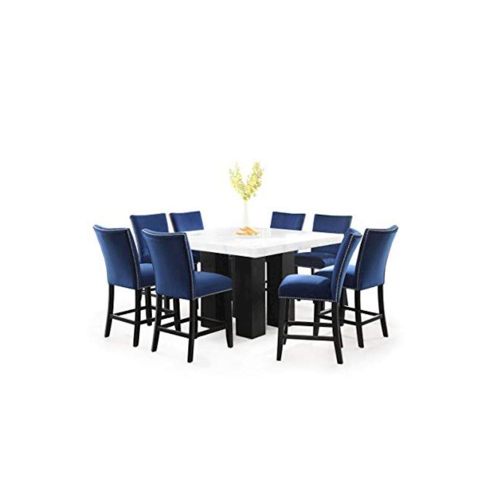 Square Counter Height Dining Set 9pc - Blue Velvet Counter Height Chairs, White/espresso