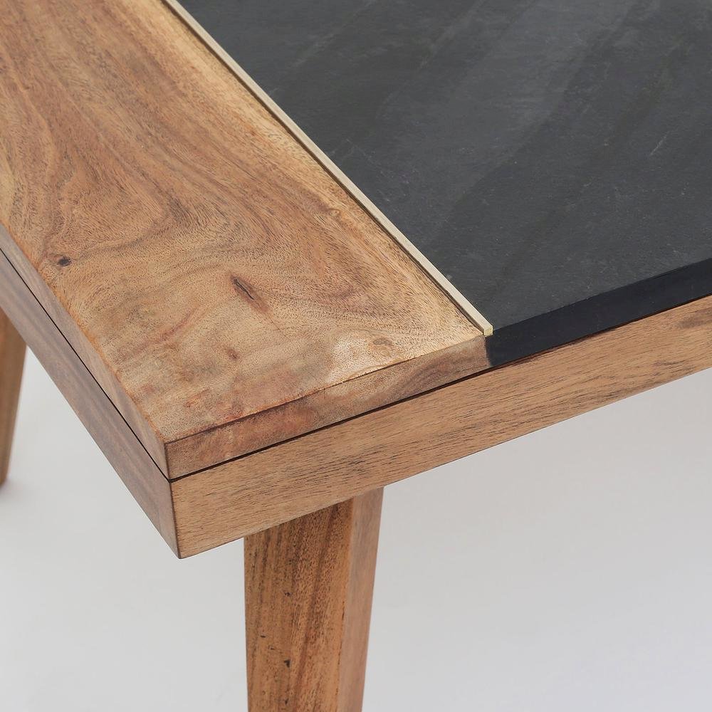 Mid Century End Table, Acacia Wood, Slate Veneer, Brass Inlay