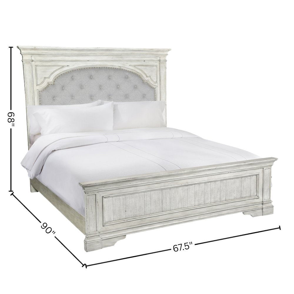 Rustic Ivory Queen Bed Frame with Upholstered Tufted Headboard and Panel Trim