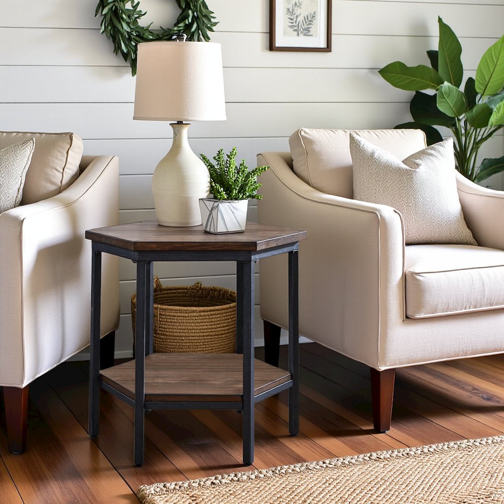 Hexagon End Table with Ash Veneer Top and Iron Base – Accent Table with Shelf