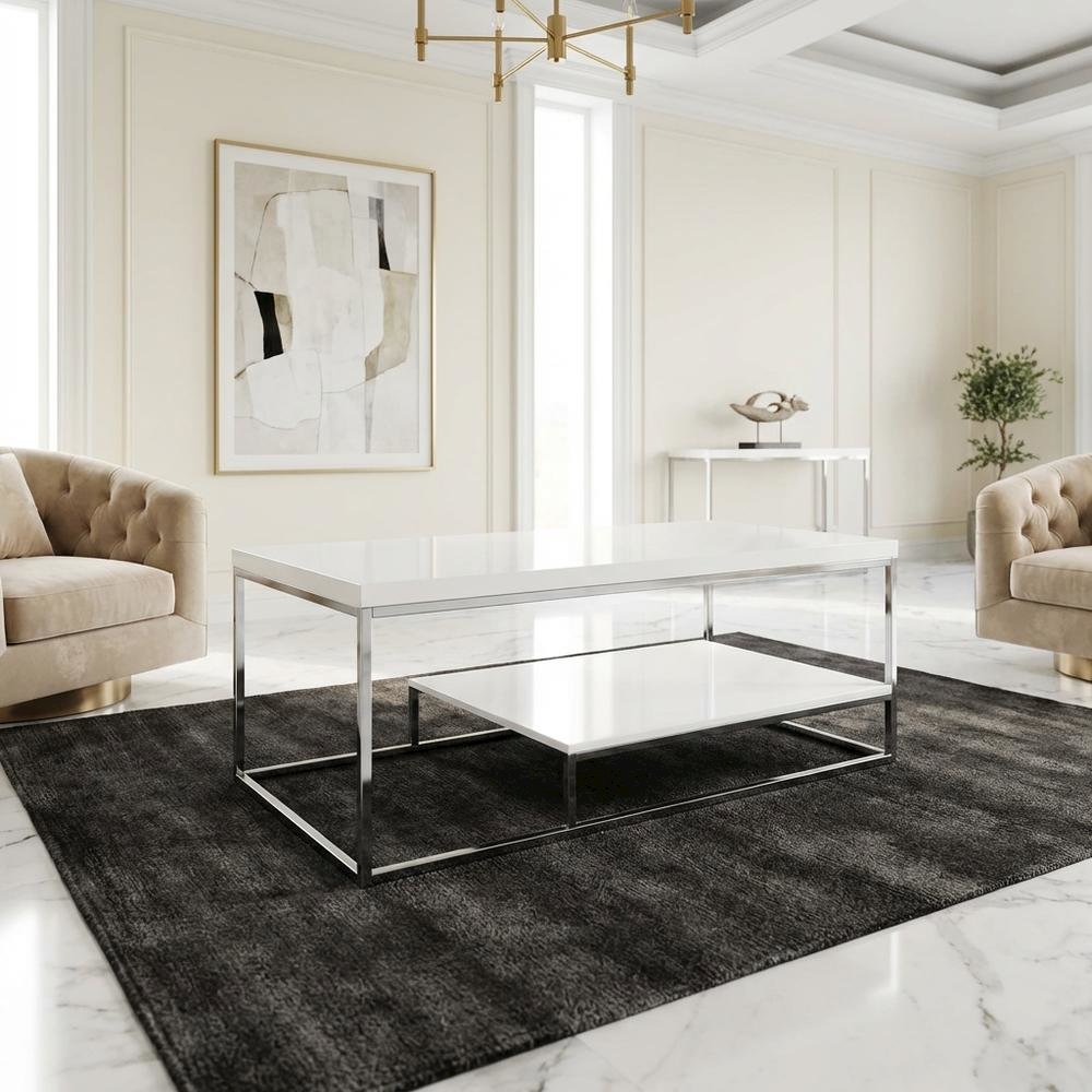 White Finish Cocktail Table with Chrome Legs and Modern Design