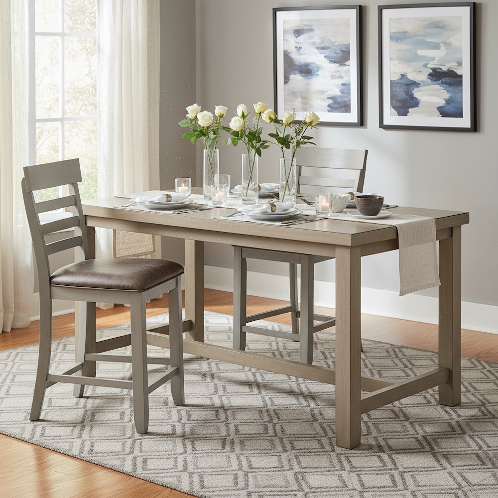 Counter Chair, Set of 2, Faux Leather Seat, Solid Wood Legs, Gray