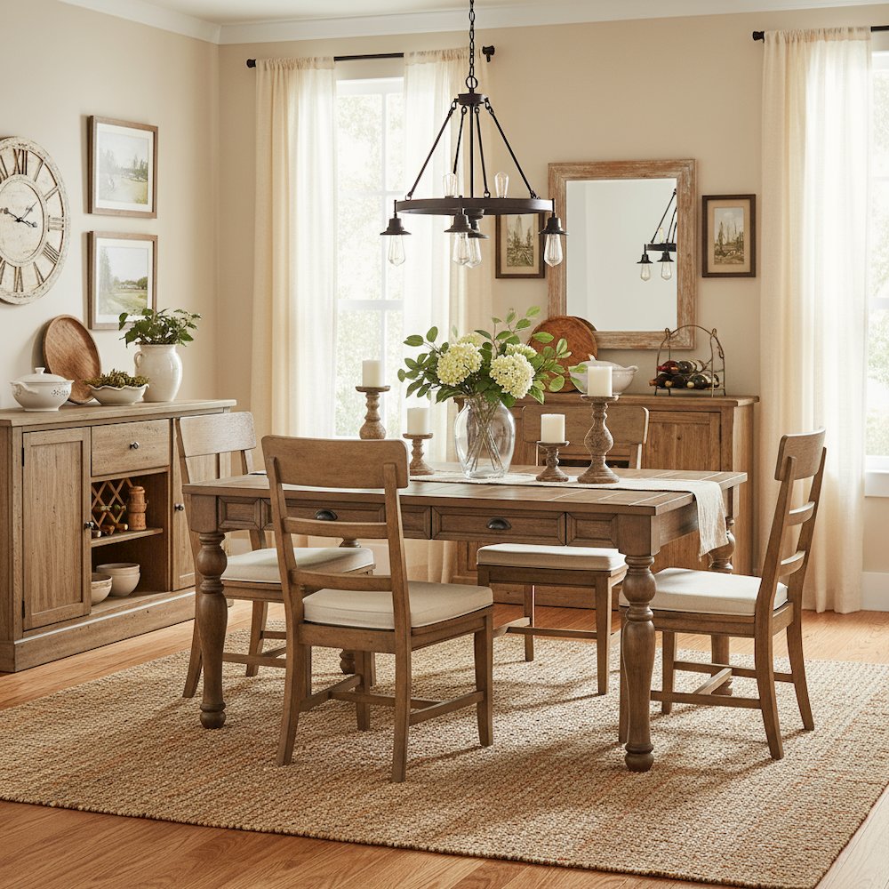 Dining Table, 4 Soft-Close Drawers, Wire-Brushed Finish, Brown