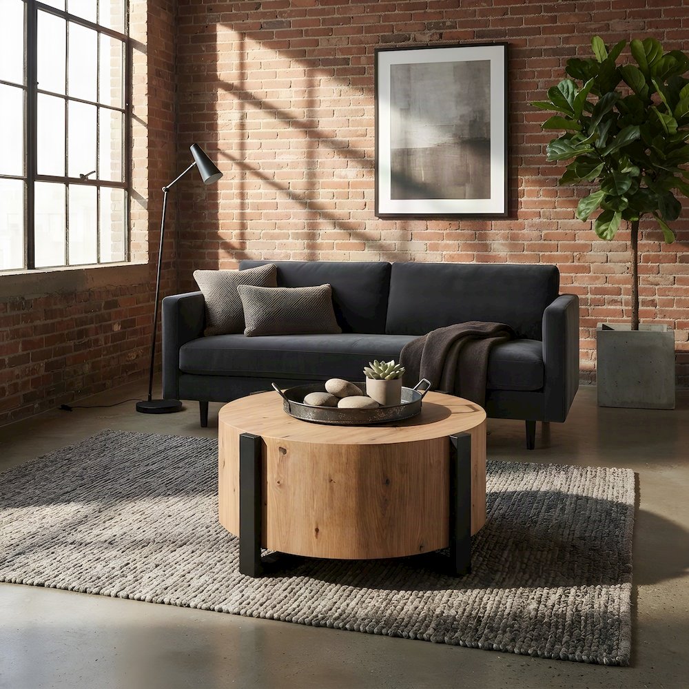 Round Faux Wood Coffee and Cocktail Table with Iron Frame, MDF Construction, Tan