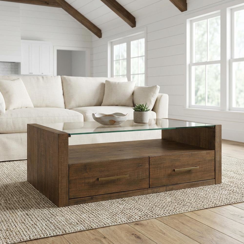Brown Castered Coffee Table with Glass Top and Wood Frame MDF Acacia Rubberwood