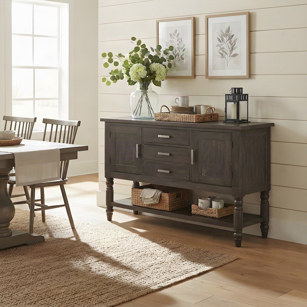 Mango and Acacia Wood Buffet Cabinet, Sideboard with Storage Credenza, Brown