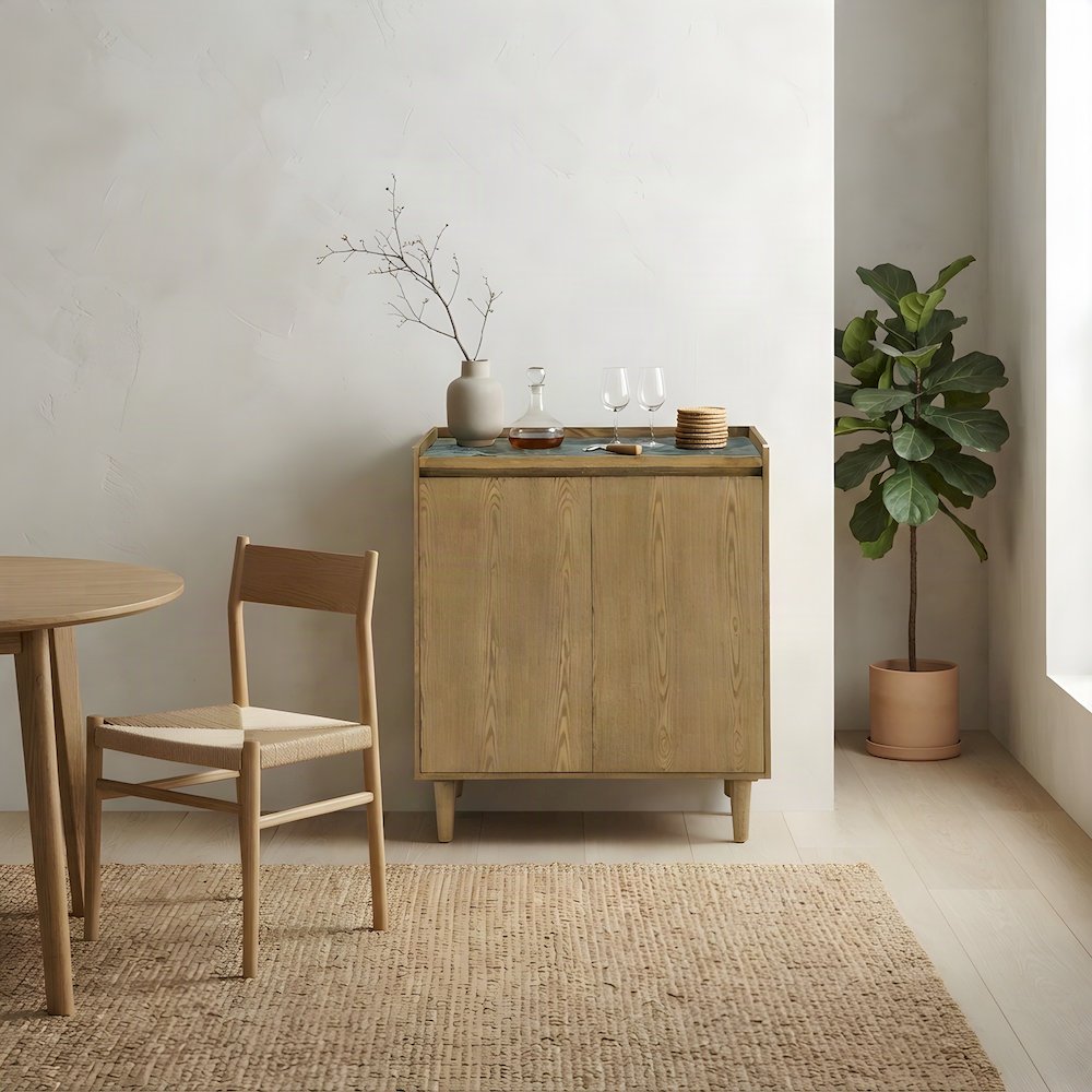MDF and Sintered Inlay Top Bar Cabinet, Iron Legs, Buffet Sideboard, Light Brown