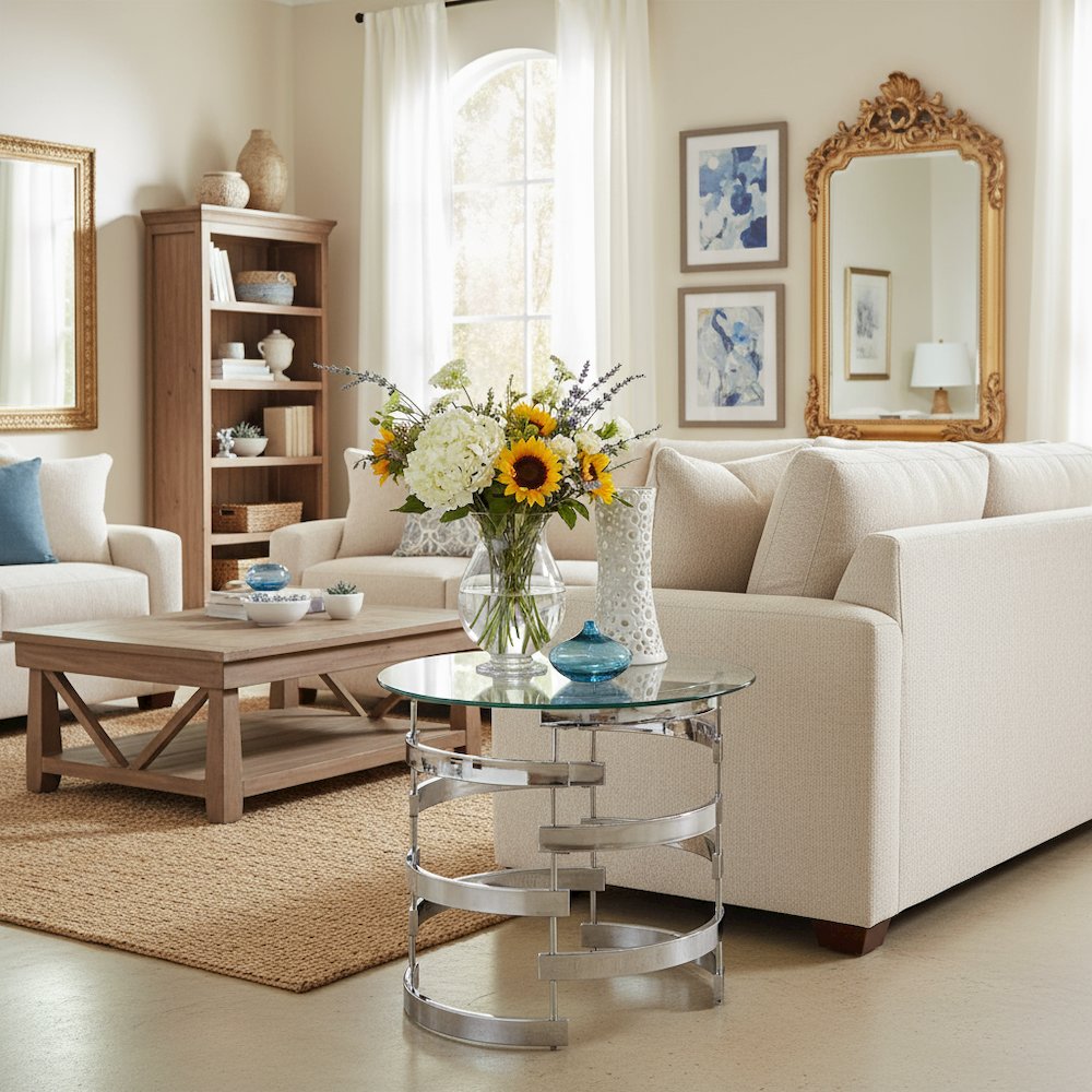 Contemporary End Table, Round Glass Top, Chrome Base, Gray