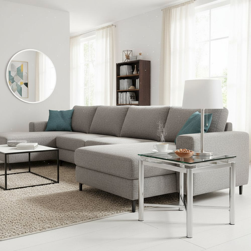 Contemporary End Table, Tempered Glass Top, Chrome Base, 24 Inch