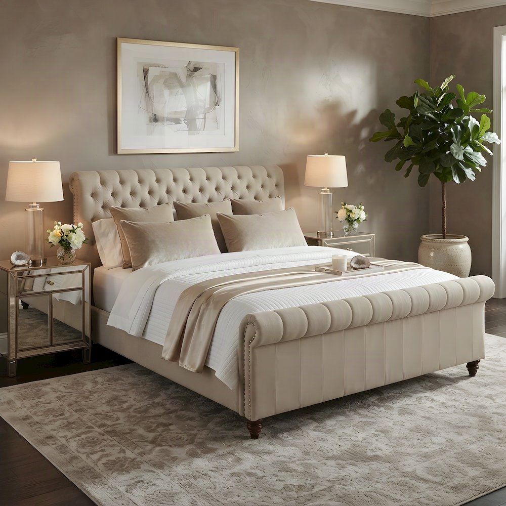 Polyester-Upholstered King Sleigh Bed Frame with Tufted Headboard, Sand