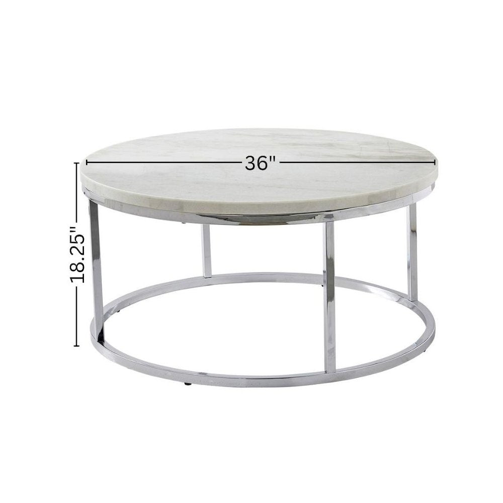 Round Cocktail Table, White Genuine Marble, Chrome Base, Contemporary Luxury