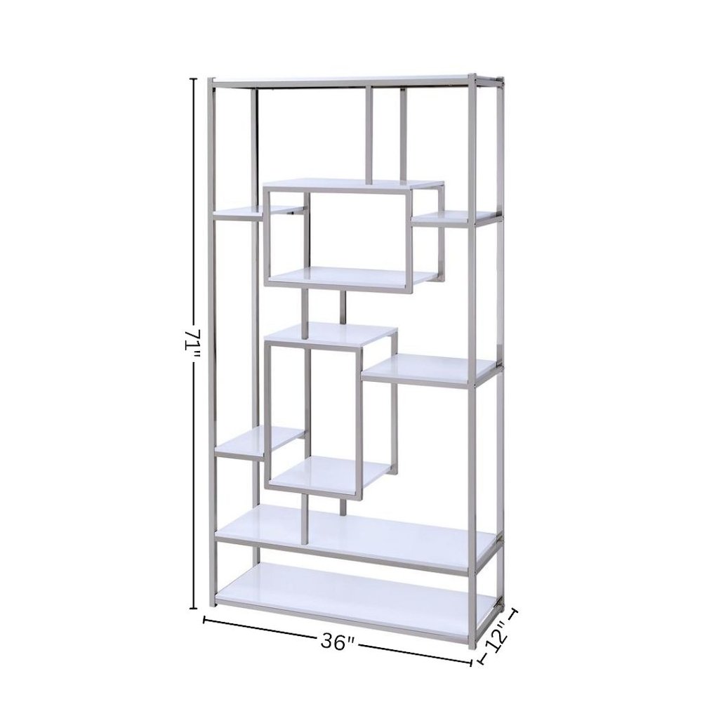 Contemporary Bookcase, Staggered Shelves, White/Chrome, Durable & Tall Storage