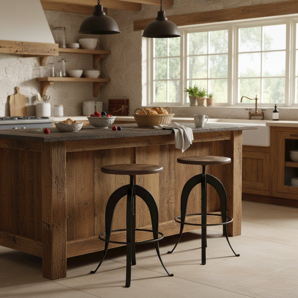 Adjustable Swivel Bar Stool, Sheesham Wood, Cast Iron Base, Industrial