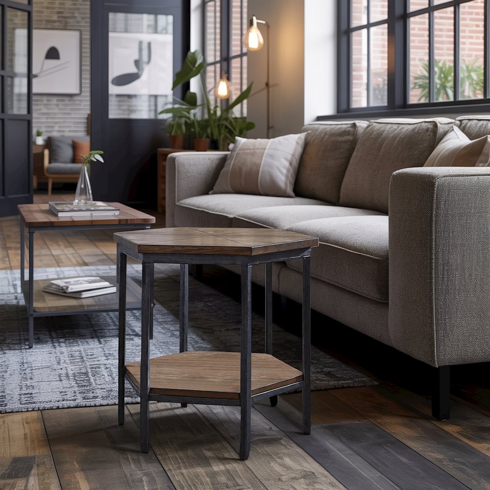 Hexagon End Table with Ash Veneer Top and Iron Base – Accent Table with Shelf