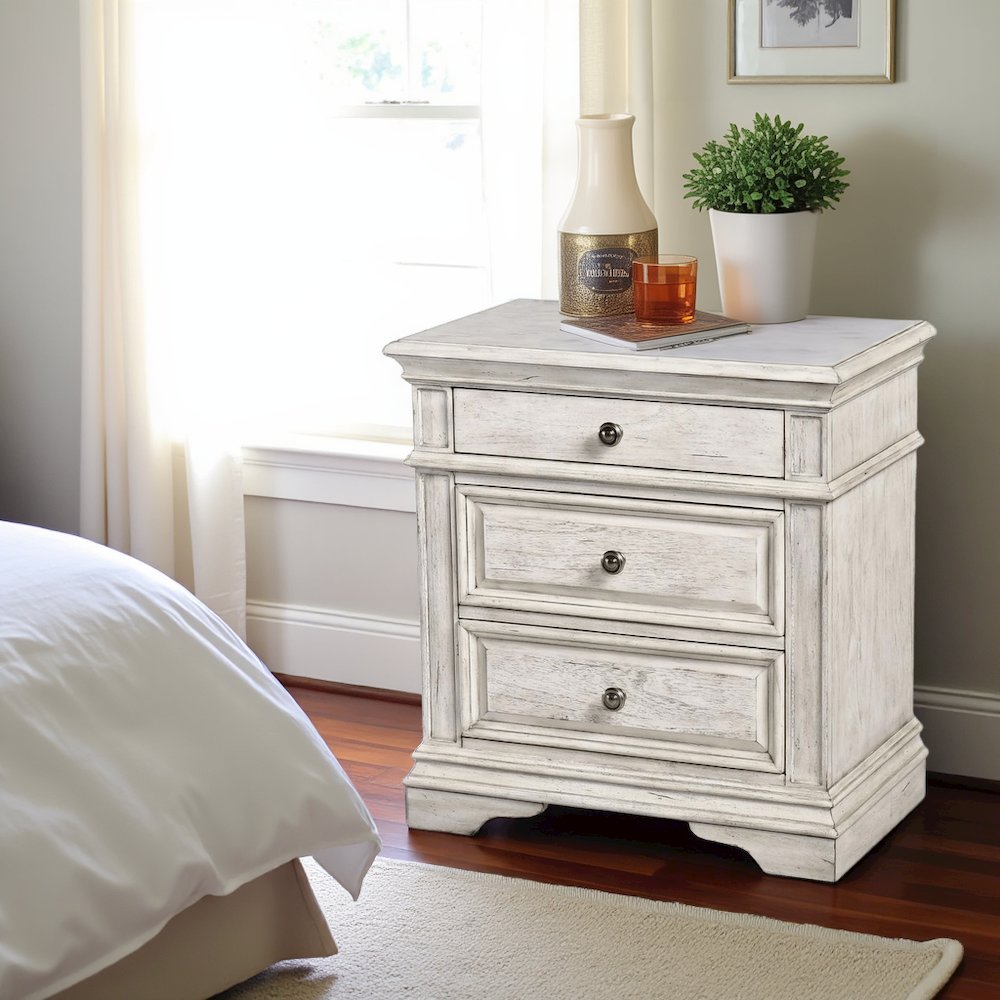 Rustic Ivory Finished 3 Drawer Nightstand - Bedside Table with Drawers