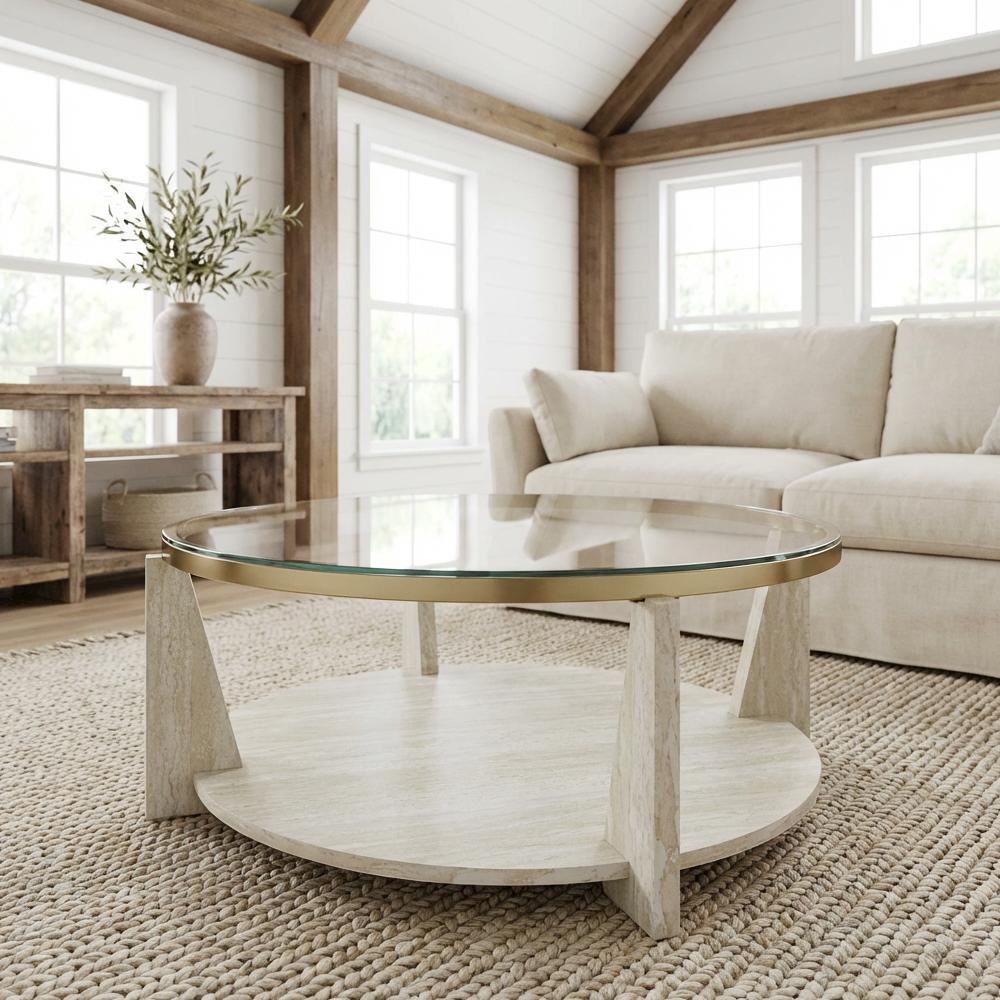 Brown Round Coffee Table with Tempered Glass Top and Casters Engineered Wood