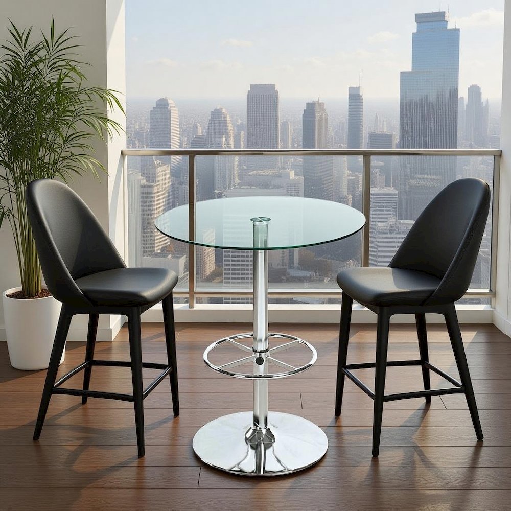 Glass Bar Table with Chrome Base – Counter Height Round Cocktail Table
