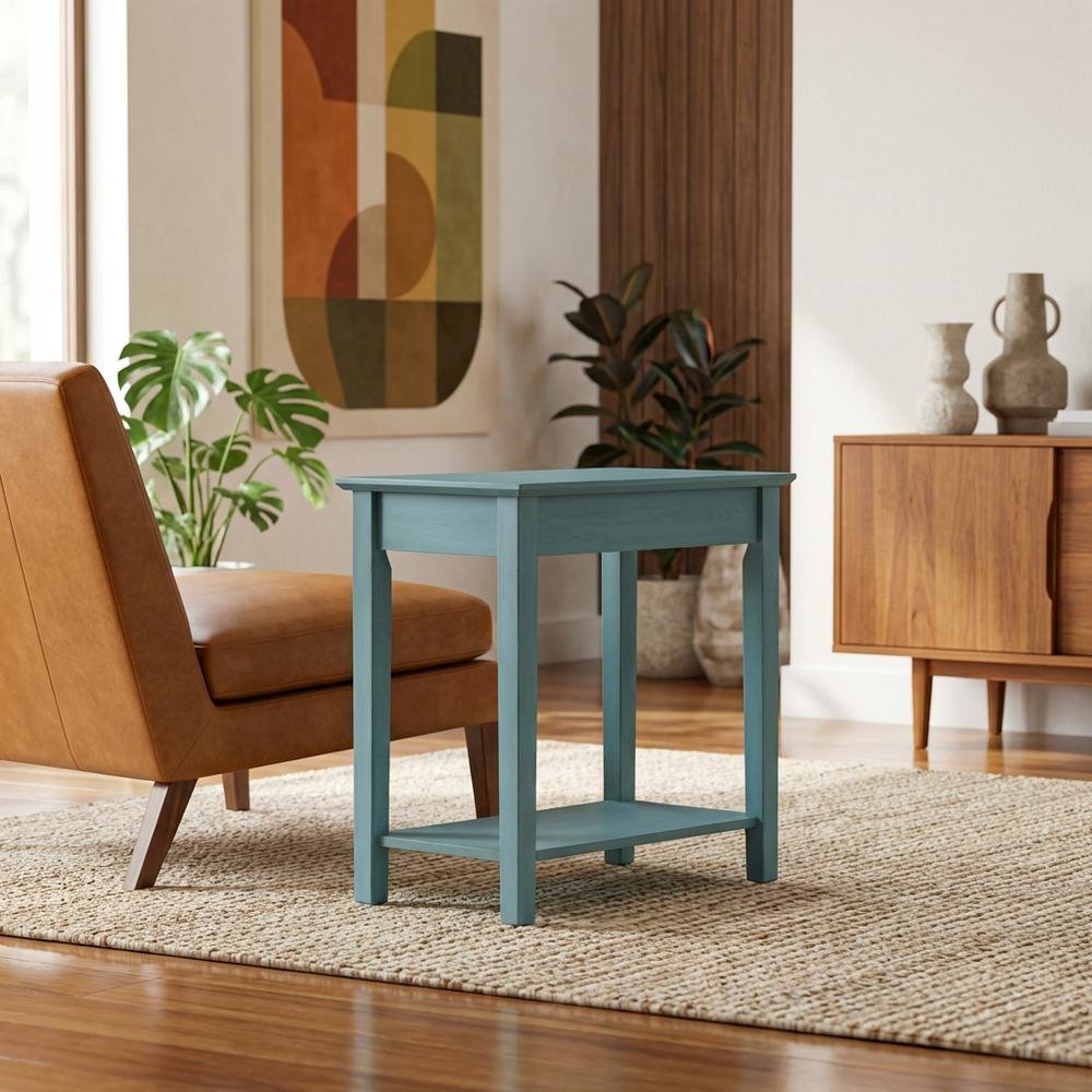 Ocean blue narrow end table with antique rubbed finish for classic living spaces