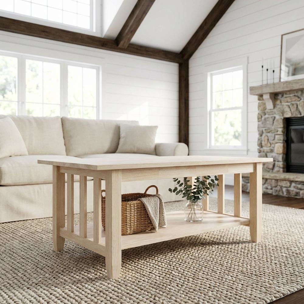 Unfinished Hardwood Coffee Table Tall Design with Durable Construction