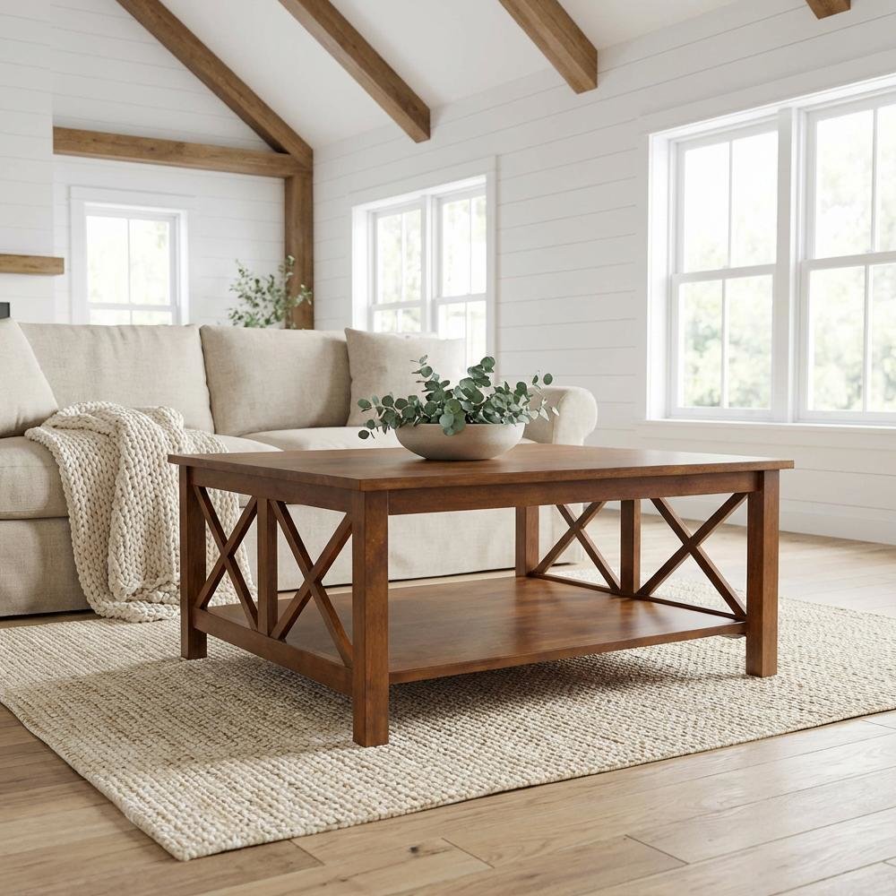 Brown Parawood Coffee Table with Square Top and Sturdy Construction SKU