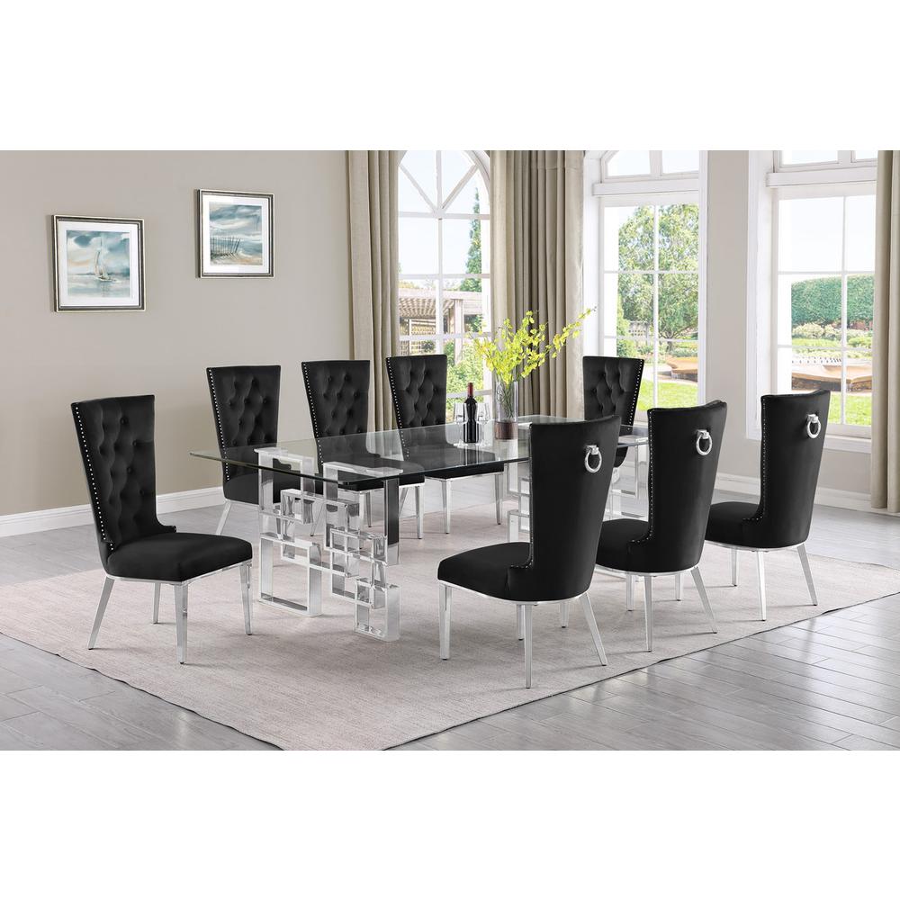 9-piece glam dining set with 8 black chairs and a 95" long glass table