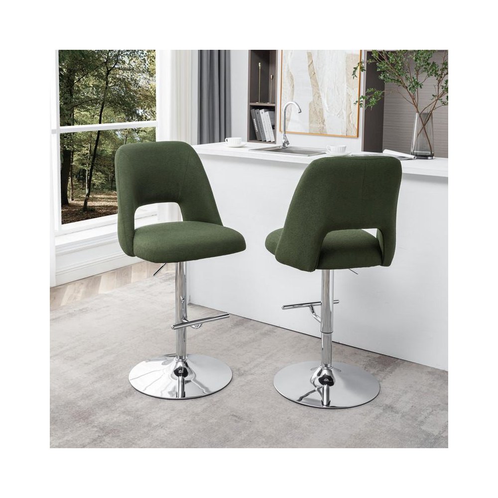 Boucle fabric upholstered barstool with a green seat and silver base (SET OF 2)