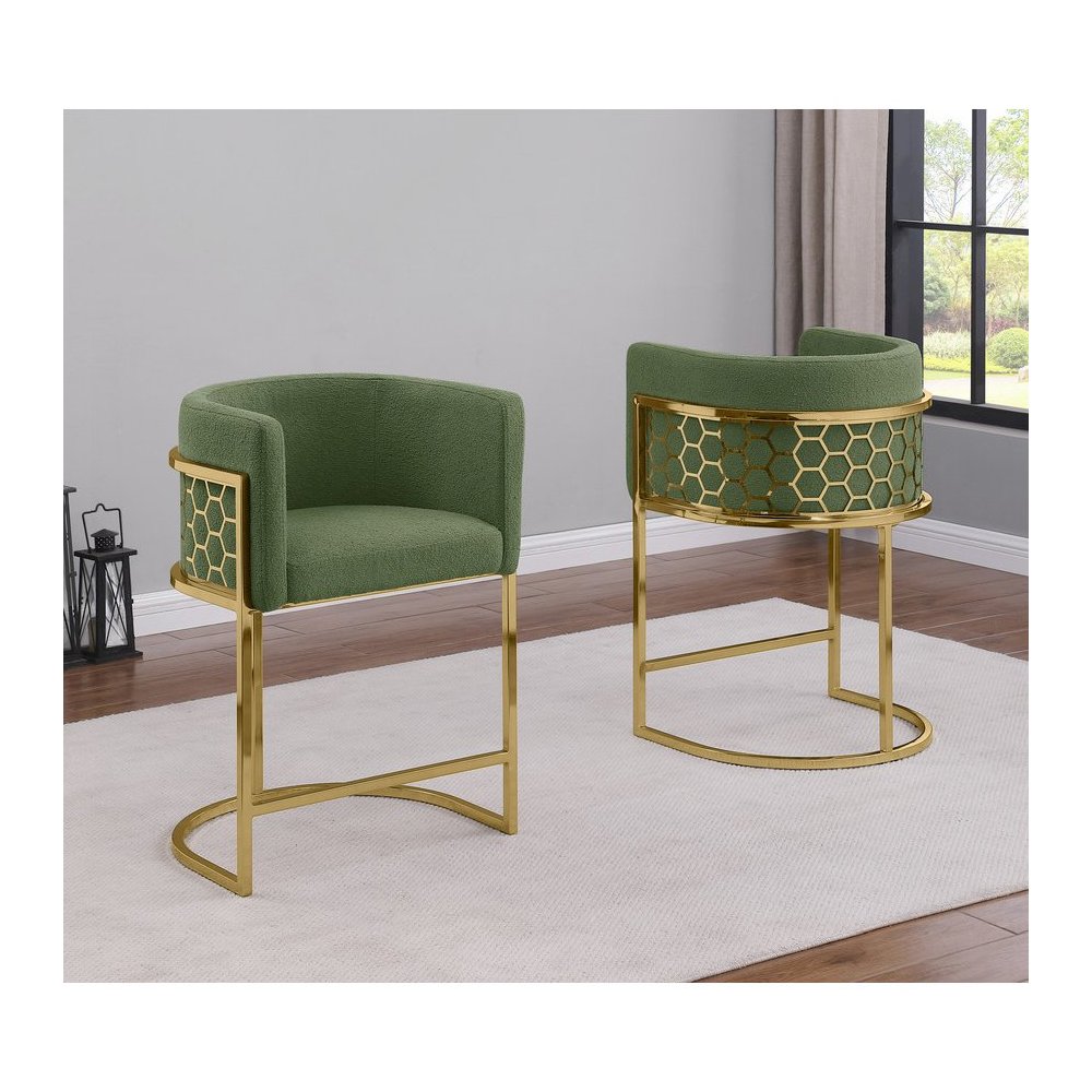 Honeycomb back barrel chair in Green with gold base, Set of 2
