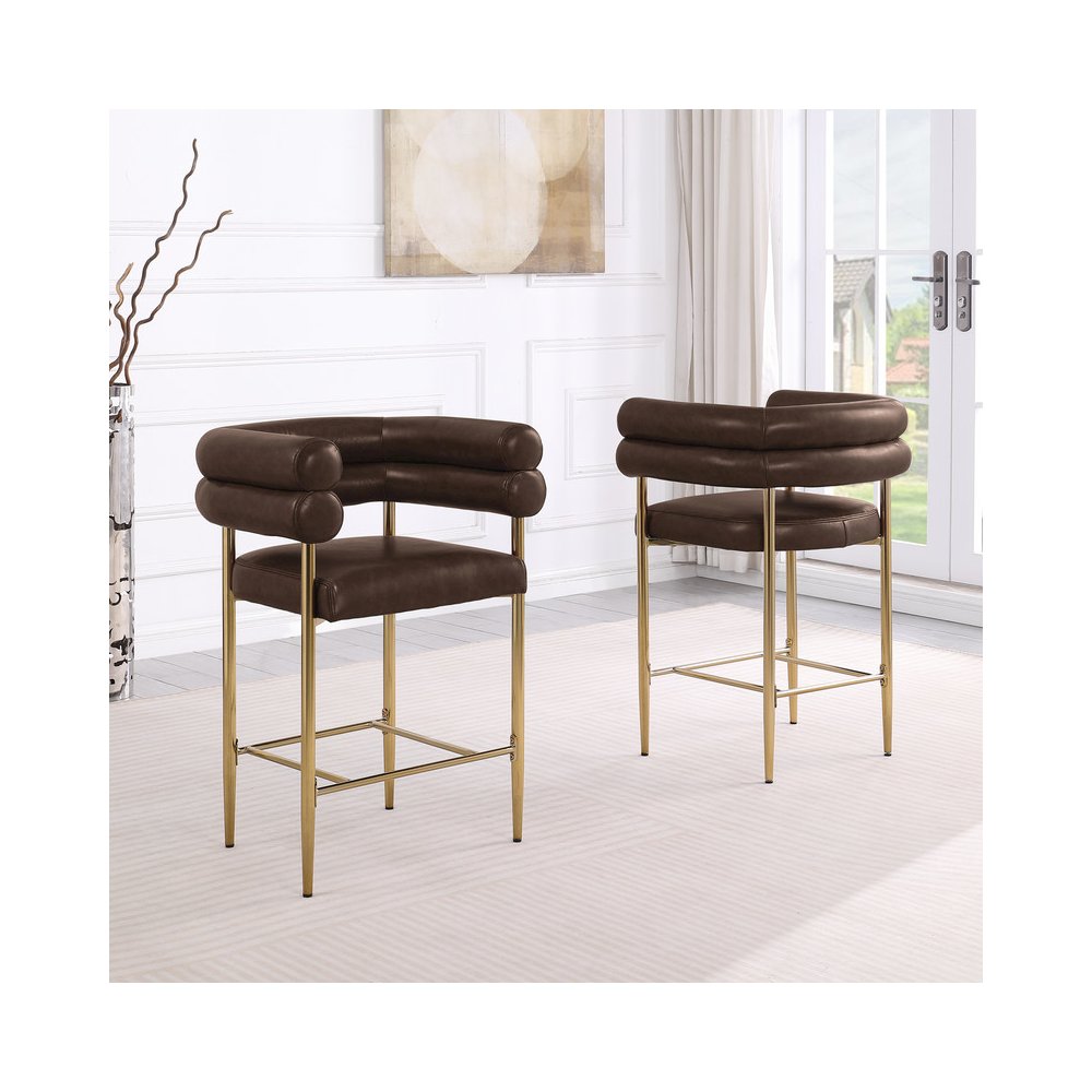 Espresso Leather-Aire Fabric Counterheight with Gold Chrome Base (Set of 2)