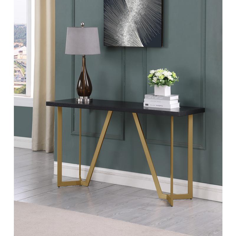 Black wood top console table w/ gold color iron legs