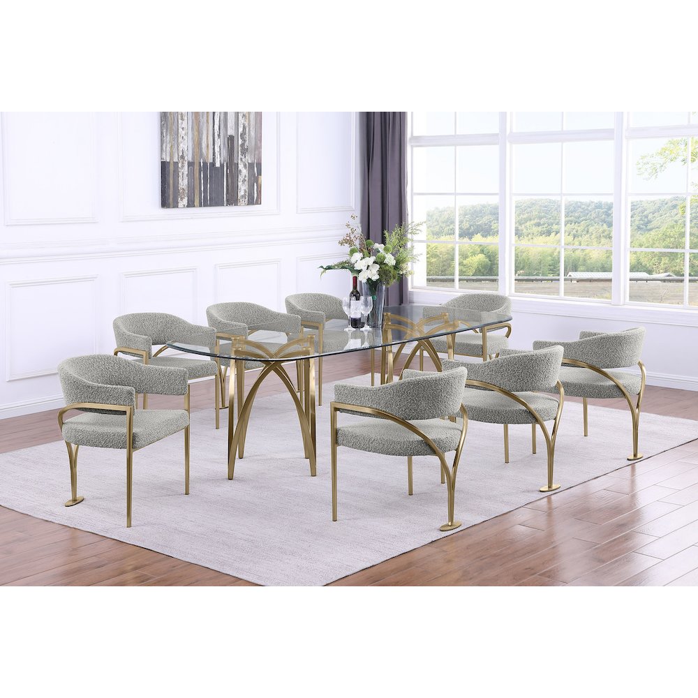 9Pc Tempered Glass Dining Table Set With 8 Rich Gray With Matte Gold Side Chairs