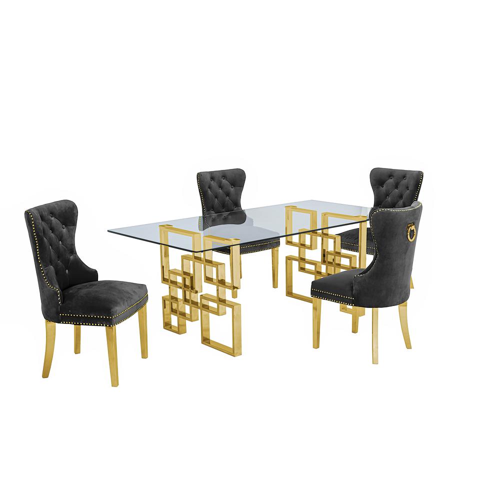 Classic 5 Piece Dining Set With Glass Table Top and Stainless Steel Legs, Dark Grey